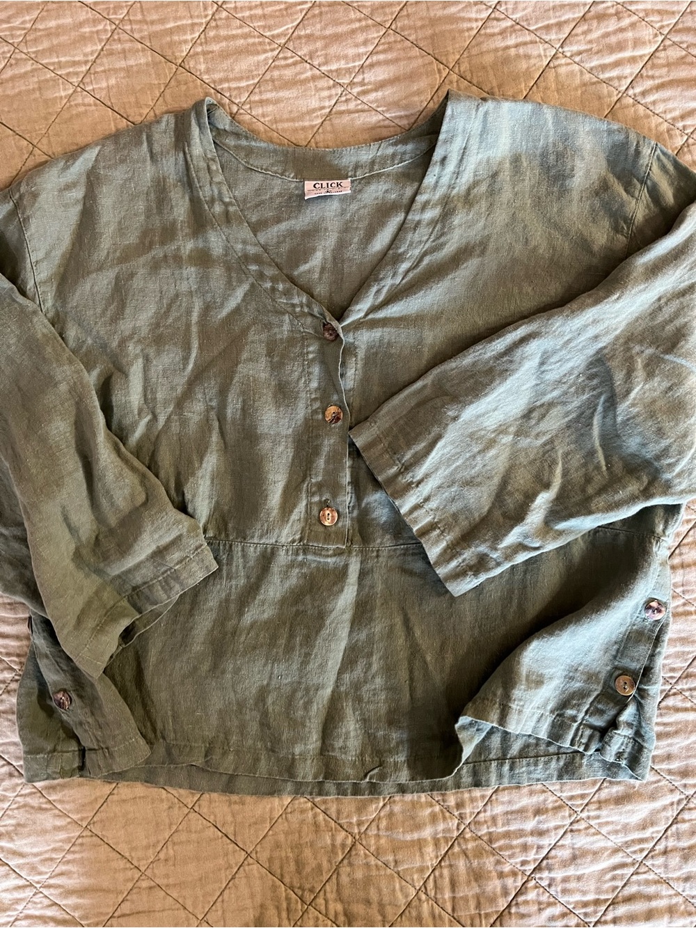 CLICK Olive Green Linen Button-Front Women's Blouse
